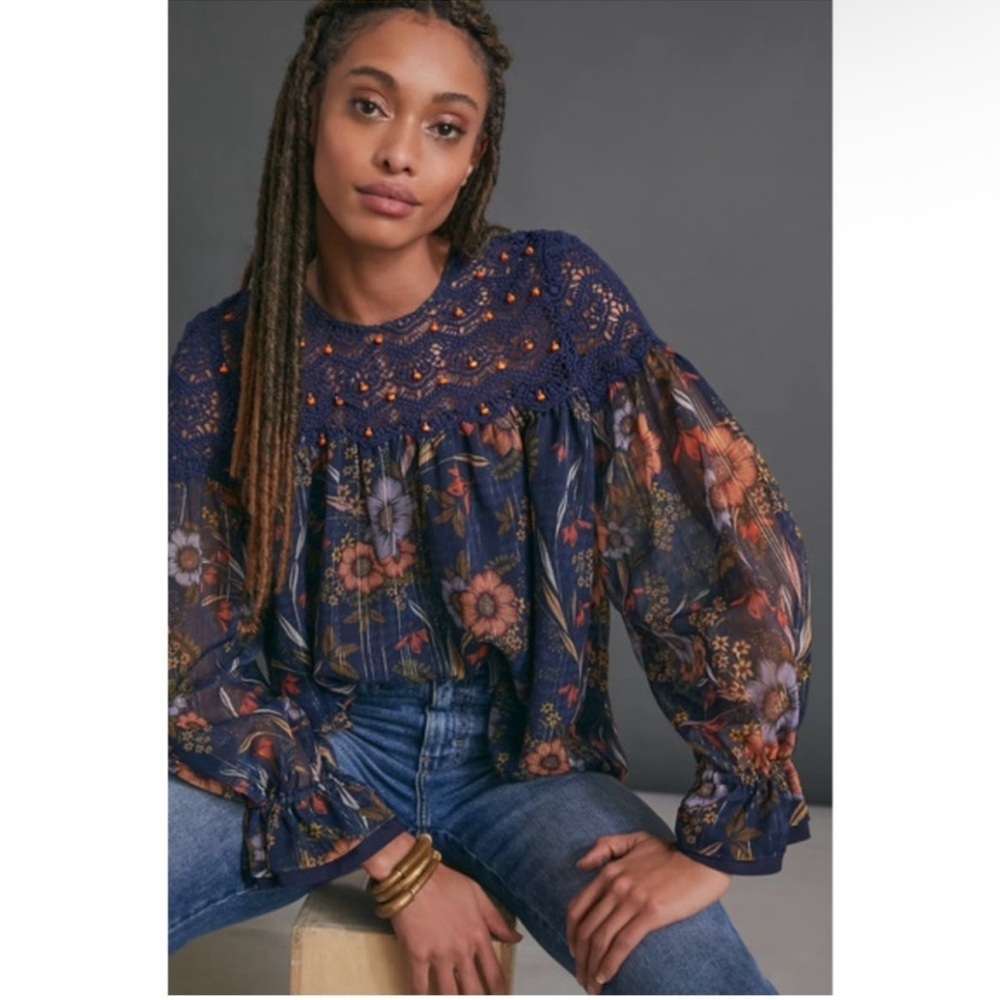 Anthropologie Mynah's Cristy‎ Crochet Floral Navy Blouse Top Long Sleeve Size S